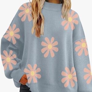 New Women’s Oversized Retro Sweater Pullover Lantern Knit Blue Pink Flower XL